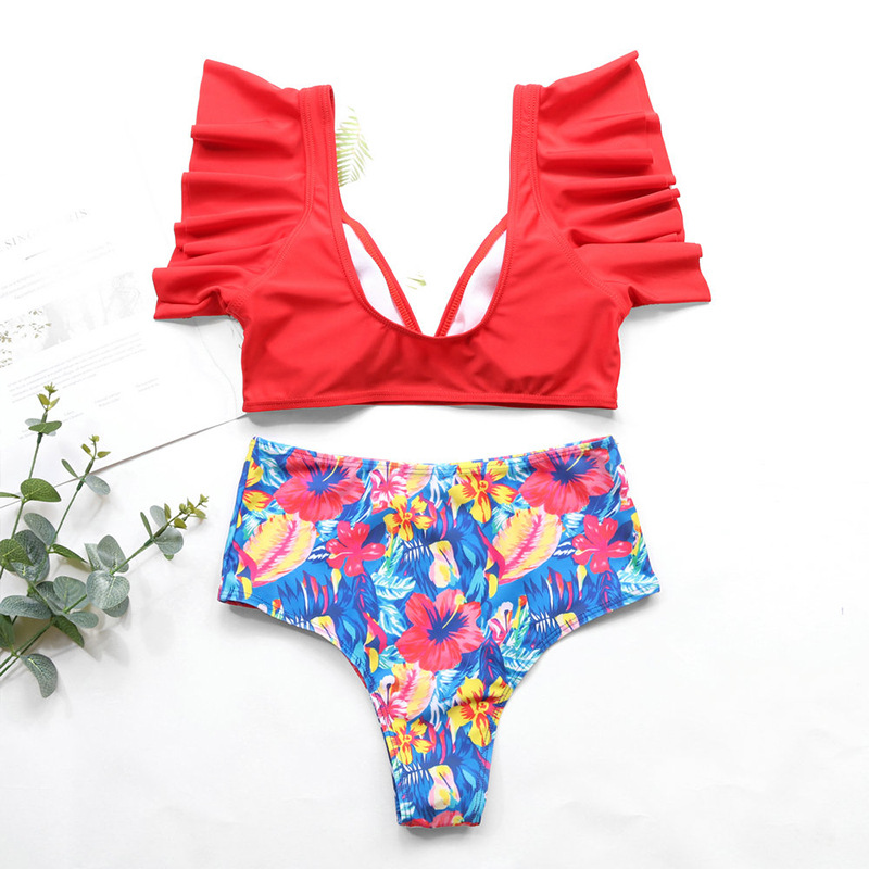 F4809-2 Red Summer Days Floral High Waist Swimsuit Set